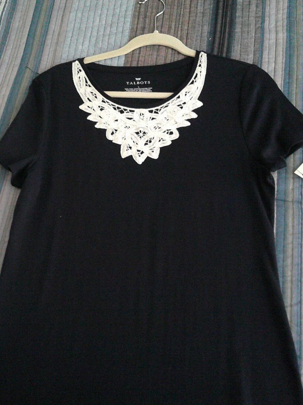 Talbots Navy knit top with battenburg lace collar accent designer top NEW Size L